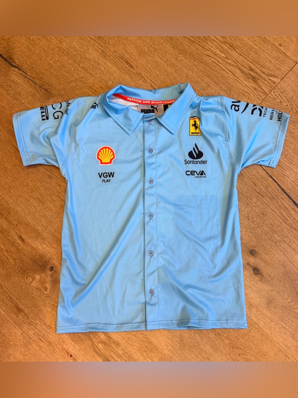 Ferrari formula 1 F1 Kids Light Blue Button-Down Racing Shirt NWOT
